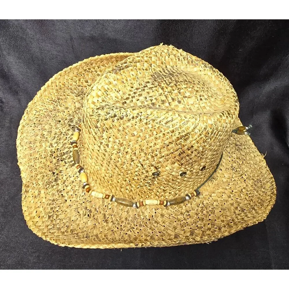 Bio Domes Headgear Tan Straw Wide Brim Cowboy Hat Beaded Country Decor One Size